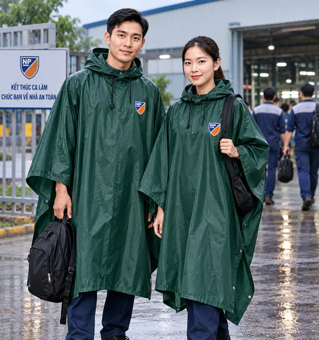 Áo mưa công ty 8 Áo mưa công ty in logo – Poncho xanh lá – phát nhanh cho công nhân