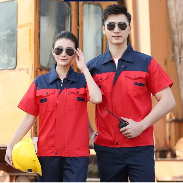 Áo bảo hộ ngắn tay đỏ phối xanh than