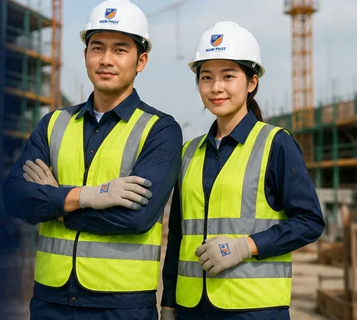 Người mẫu mặc trọn bộ bảo hộ lao động Nam Phát: nón, áo phản quang, quần áo, găng tay