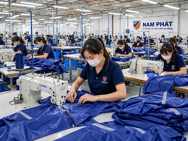 Áo mưa công ty 11 Công nhân xưởng may Nam Phát đang may áo mưa công ty
